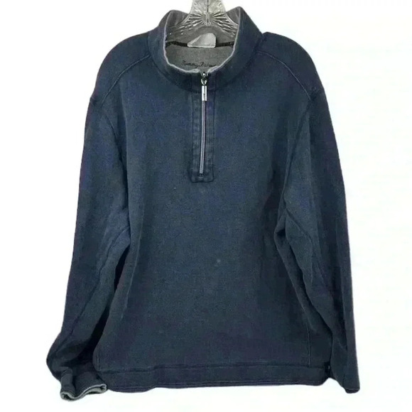Tommy Bahama Men's Reversible 1/4 Zip Pullover Sweater Size L Ocean Blue Gray‎